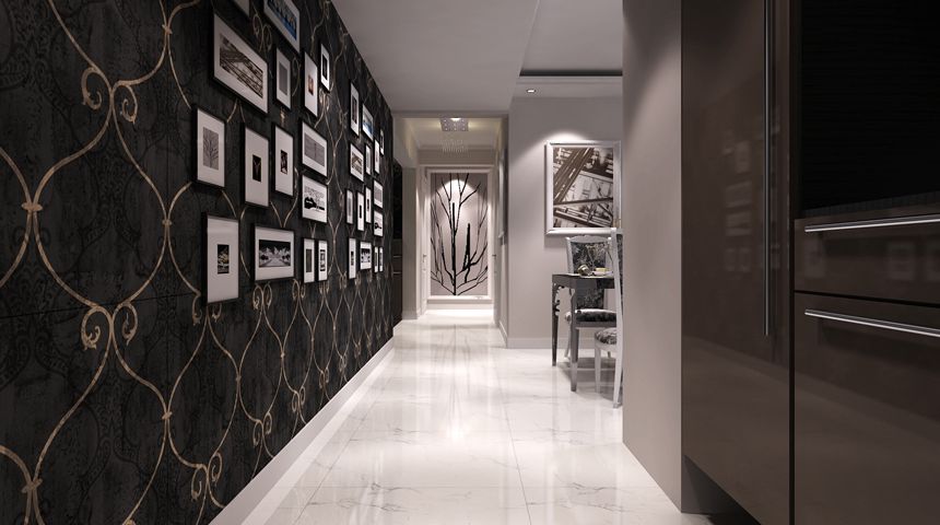 北京时代庄园别墅灰色客厅过道照片墙装修效果图